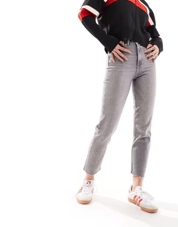 オンリー レディース ボトムス デニムパンツ ストレート ジーンズ Only Emily high waisted straight leg jeans with raw hem Gray グレー