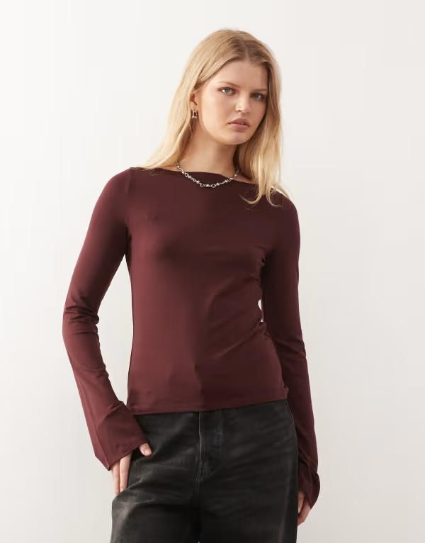 ウィークデイ レディース トップス Tシャツ Weekday Annie super soft long sleeve boat neck top Burgundy バーガンディ