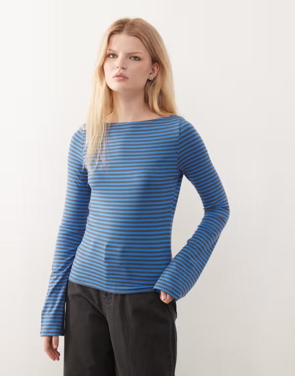 ウィークデイ レディース トップス Tシャツ Weekday Annie soft boat neck long sleeve top and gray stripe Exclusive to ASOS Blue ブルー 10,485円