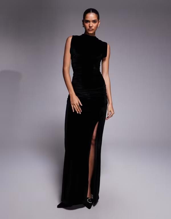 エイソス レディース トップス ワンピース ギャザー ベルベット マキシ ASOS DESIGN velvet ruched side maxi dress withigh slit Black ブラック