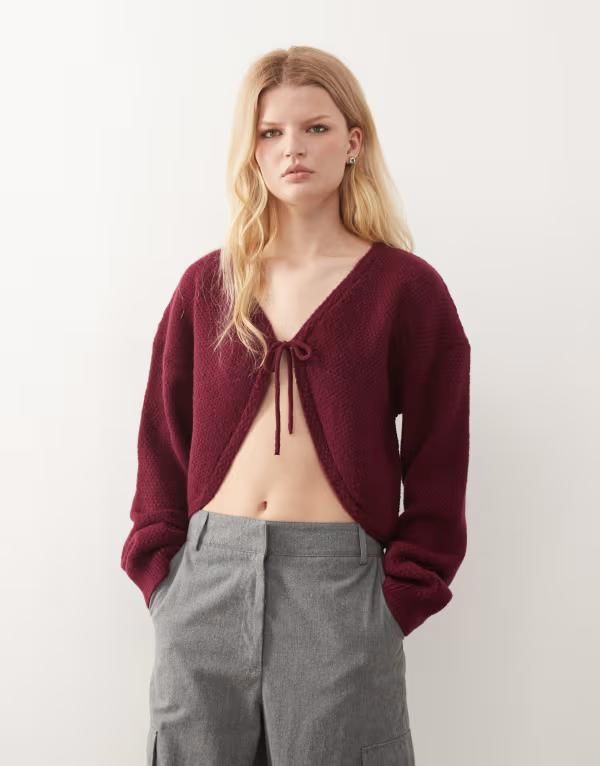 コルージョン レディース アウター ニット・セーター カーディガン COLLUSION knitie front cardigan in plum RED レッド