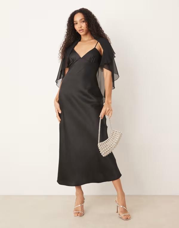 エイソス レディース トップス ワンピース ケープデザイン サテン キャップ ケープ マキシ ASOS DESIGN satin cape maxi dress Black ブラック