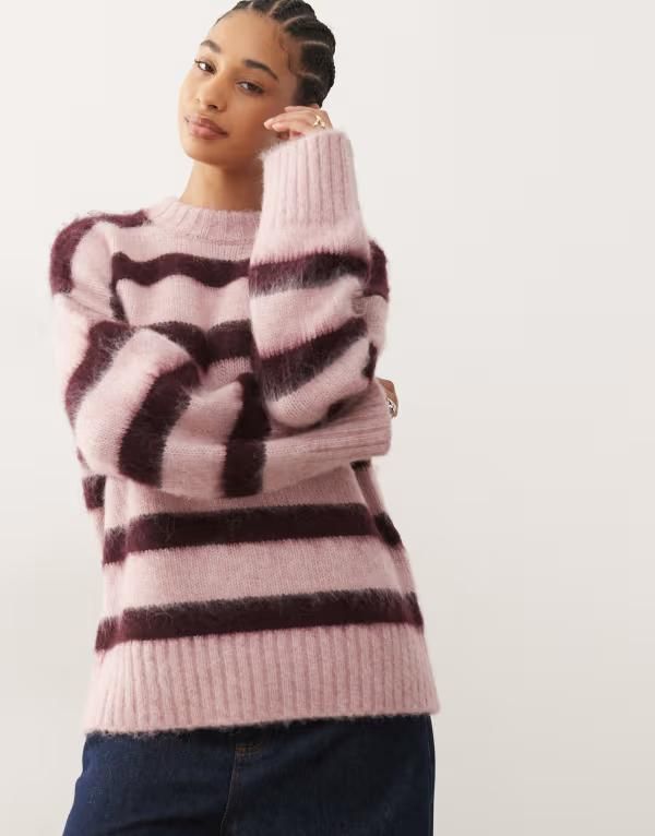 モンキ レディース アウター ニット・セーター Monki oversized fluffy stripe sweater in raspberry stripe Pink Stripe ピンク