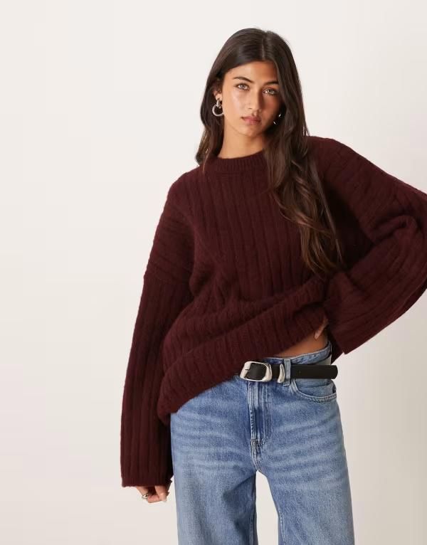エイソス レディース アウター ニット・セーター クルーネック リブ ASOS DESIGN longline ribbed crew neck sweater in plum プラム