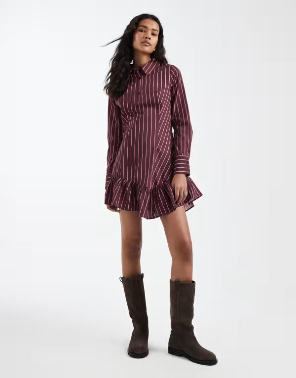 ミスセルフフリッジ レディース トップス ワンピース シャツ Misselfridge drop waist shirt dress in fig pinstripe FIG PINSTRIPE