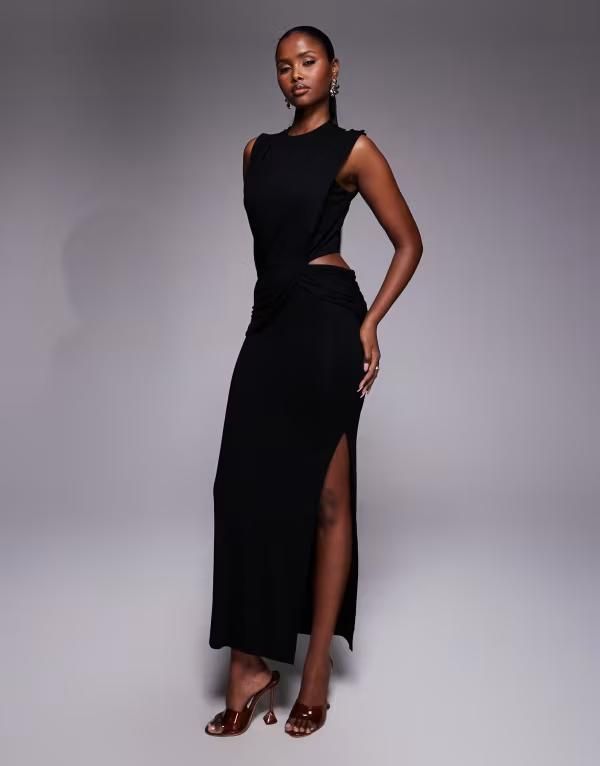エイソス レディース トップス ワンピース ハイネック ドレープ ミディ ASOS DESIGN high neck drape sash midi dress Black ブラック