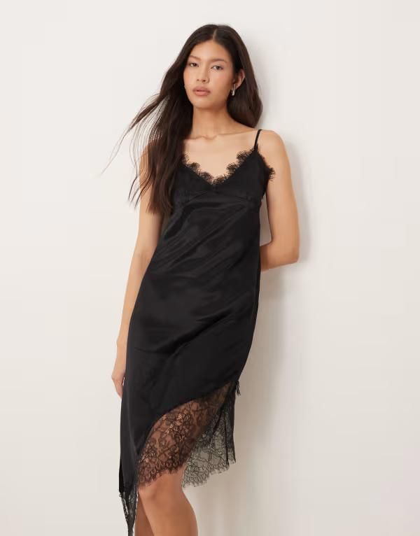 エイソス レディース トップス ワンピース アシンメトリー レーストリム マキシワンピース サテン レース マキシ ASOS DESIGN satin lace trim asymmetric hem maxi dress Black ブラック