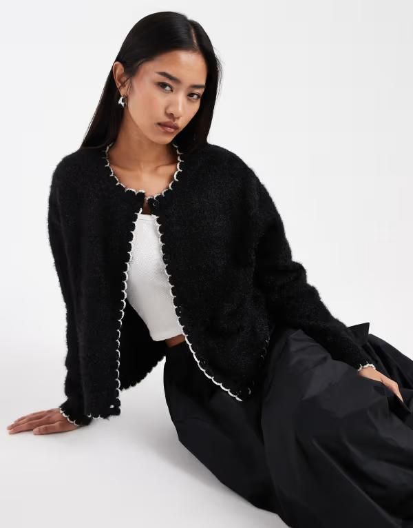 ミスセルフフリッジ レディース アウター カーディガン Miss Selfridge chunky cardigan with blanket stitch Black ブラック