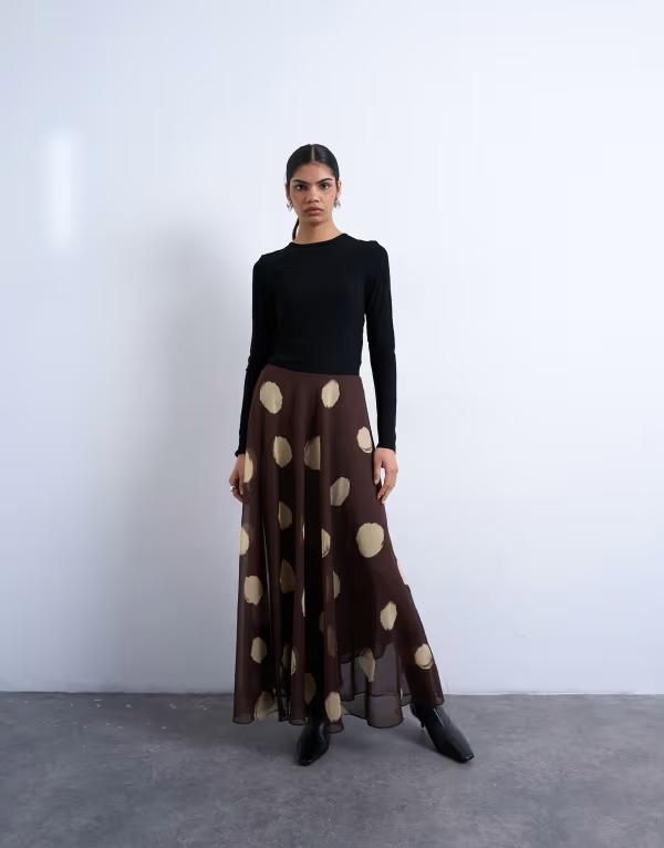 トップショップ レディース ボトムスカート シフォン マキシ Topshop Chiffon full maxi skirt in choc spot Chocolate チョコレート