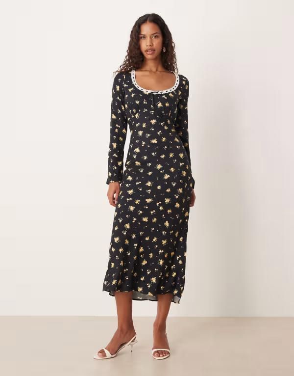 ノーバディーズ チャイルド レディース トップス ワンピース レーストリム フラワー柄 レース マキシ フラワー Nobodys Child Naples lace trim long sleeved maxi dress floral Black flora