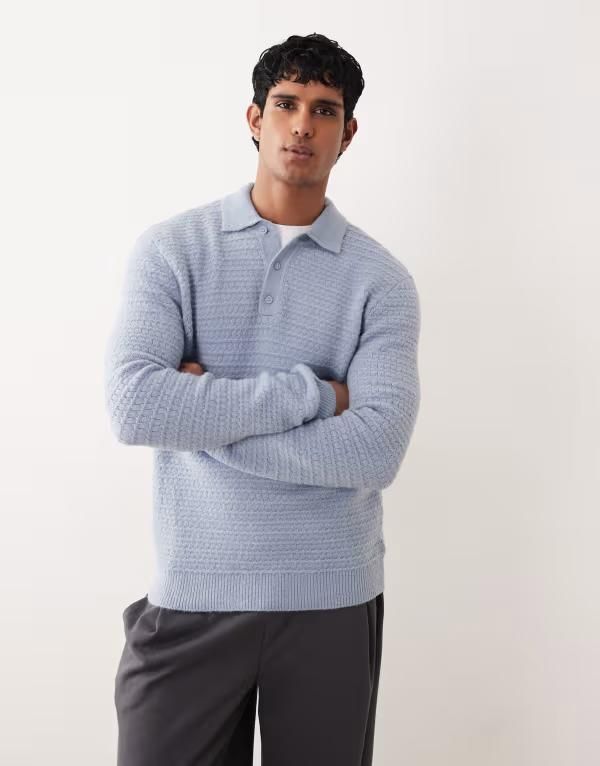 エイソス メンズ トップス ポロシャツ ニット ASOS DESIGN knitextured polo BLUE ブルー