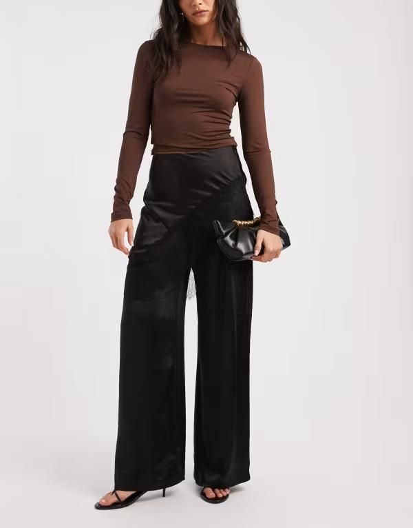 エイソス レディース ボトムス カジュアルパンツ ワイドレッグ レーストリム オーバーレイ サテン スカート レース ASOS DESIGN tailored wide leg satin pants with lace trim skirt overlay