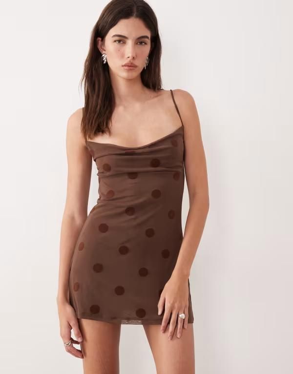 モーテル レディース トップス ワンピース ドット柄 ドット ミニ Motel Pastila polka dot mini dress BROWN ブラウン