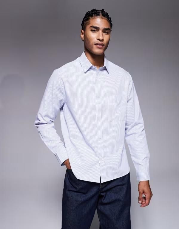 エイソス メンズ トップス シャツ レギュラーフィット ASOS DESIGN regular fit poplin striped shirt BLUE ブルー