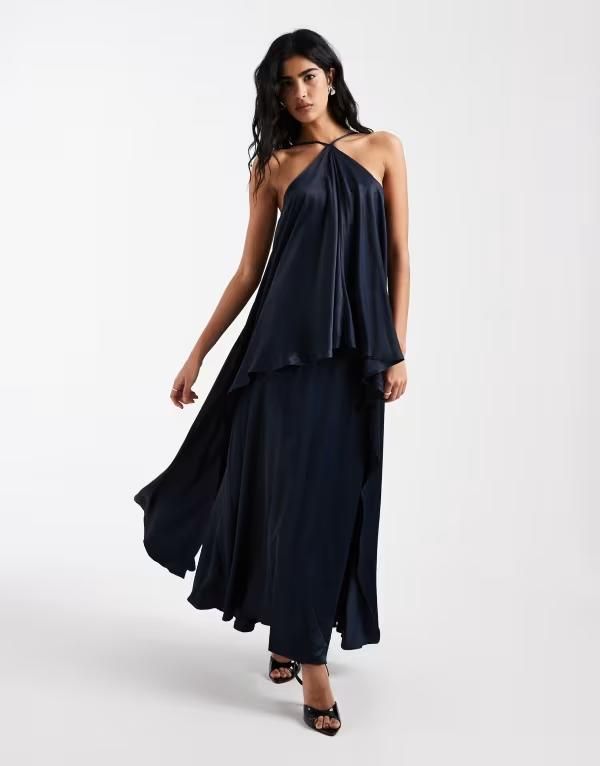 エイソス レディース トップス ワンピース サテン マキシ ホルター ASOS DESIGN satin halter trapeze maxi dress Navy ネイビー