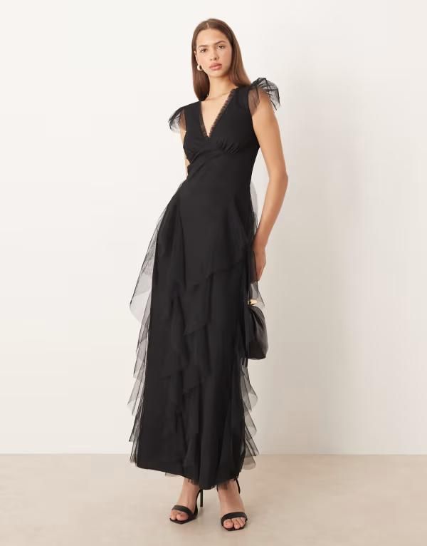 レース アンド ビーズ レディース トップス ワンピース フリル シアー キャップ マキシ Lace Beads Bridesmaid sheer cap sleeve ruffled maxi dress Black ブラック