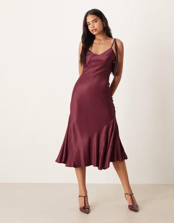エイソス レディース トップス ワンピース Vネック ミディワンピース ミディ サテン ASOS DESIGN v neck cami satin slip midi dress Burgundy バーガンディ