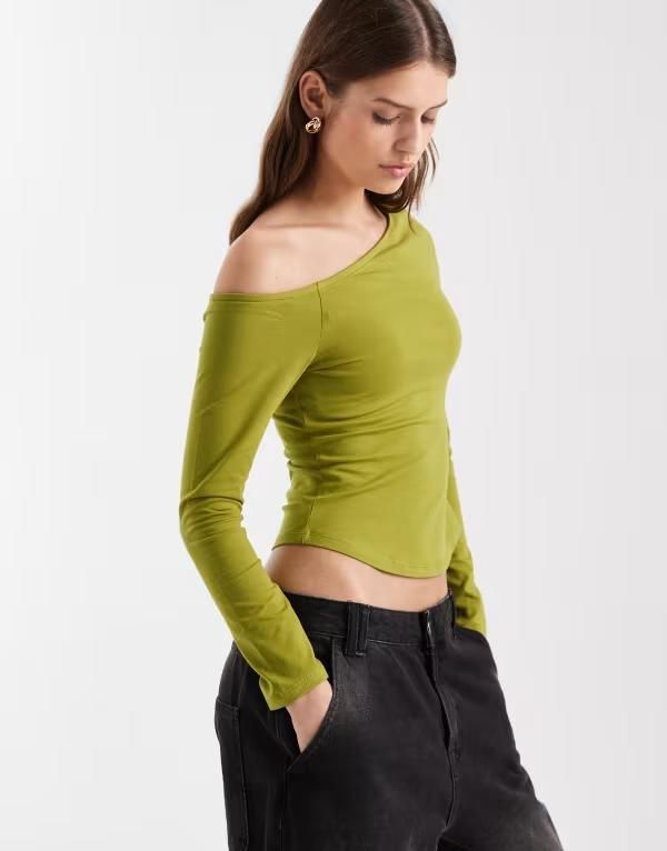エイソス レディース トップス Tシャツ オフショルダー コットン ASOS DESIGN cotton offshoulder long sleeve top Green グリーン