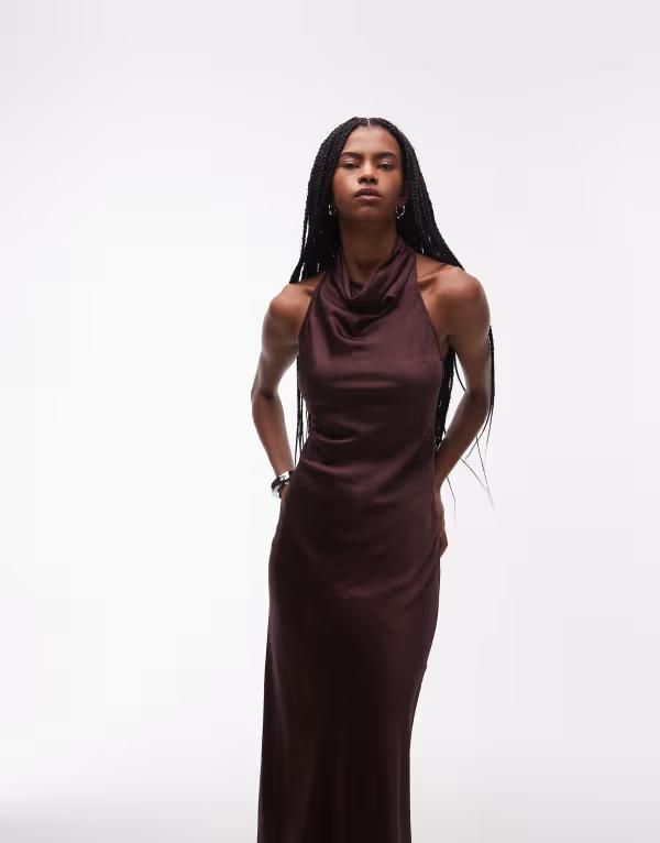 アンドアザーストーリーズ レディース トップス ワンピース サテン マキシ ホルター Other Storiesatin halter neck maxi dress in chcolate CHOCOLATE BROWN ブラウン
