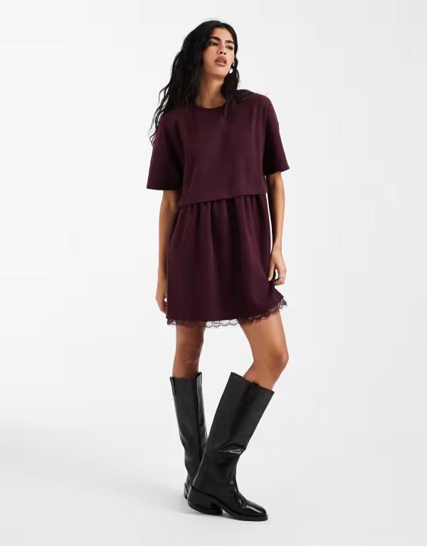 ミスセルフフリッジ レディース トップス ワンピース レース Misselfridge short sleeve layered smock dress with lace hem in plum プラム 14,785円