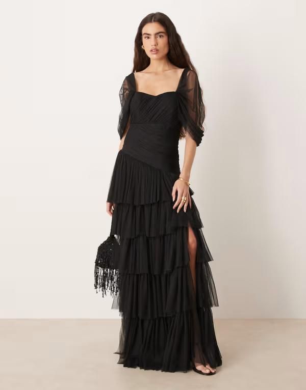 レース アンド ビーズ レディース トップス ワンピース チュール アシンメトリー フリル マキシ Lace Beads Bridesmaid asymmetric ruffle tulle maxi dress Black ブラック