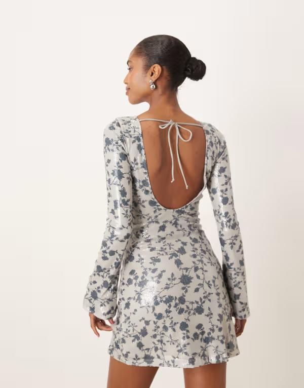 モーテル レディース トップス ワンピース ミニワンピース ミニ スパンコール Motel kimberley long sleeve mini dress in sequin flower FLOWER GRAY グレー