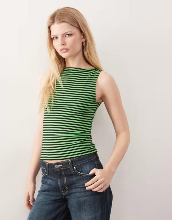 ウィークデイ レディース トップス Tシャツ ノースリーブ Weekday Annie soft boat neck sleeveless top and green stripes exclusive to ASOS Black green ブラック