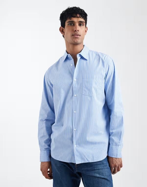 ジャック アンド ジョーンズ メンズ トップス シャツ Jack Jones oversized poplin long sleeve shirt stripe Cashmere Blue ブルー