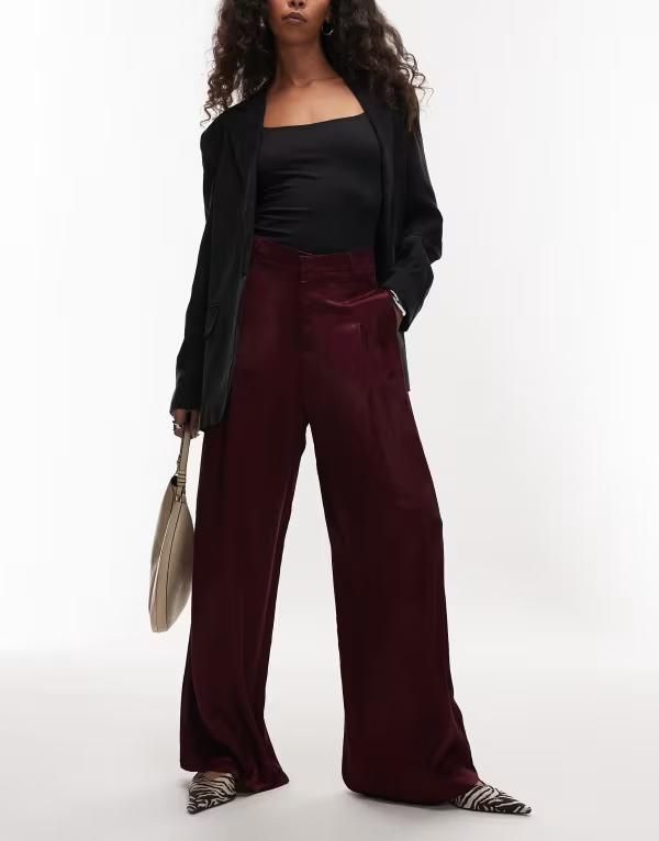 エイソス レディース ボトムス カジュアルパンツ ワイドレッグ パンツ サテン ASOS DESIGN satin tailored wide leg pants in plum Plum プラム