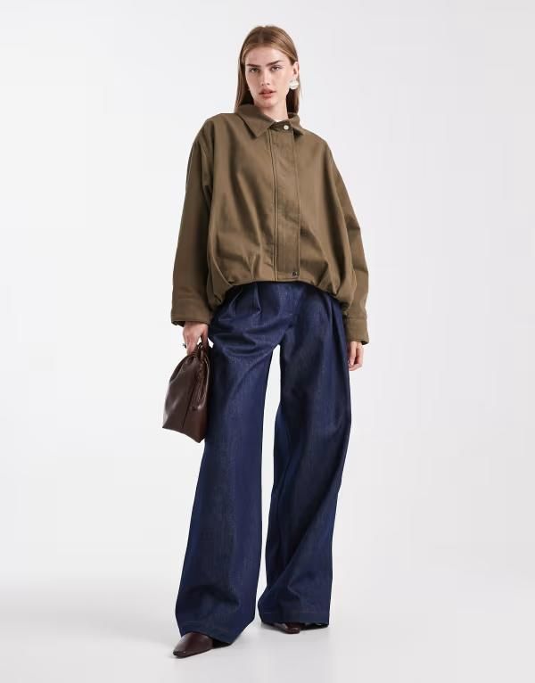 エイソス レディース アウター ジャケット・ブルゾン プラスサイズ コントラスト レザー ジャケット ASOS DESIGN surplus contrast leather collar bomber jacket Khaki カーキ