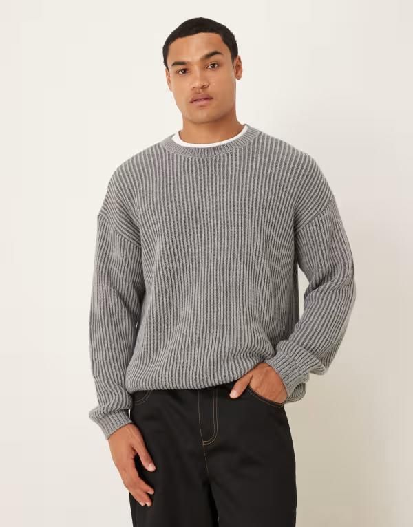 エイソス メンズ アウター ニット・セーター クルーネック セーター ニット ASOS DESIGN relaxed long sleeve knit crew neck striped sweater in charcoal CHARCOAL チャコール