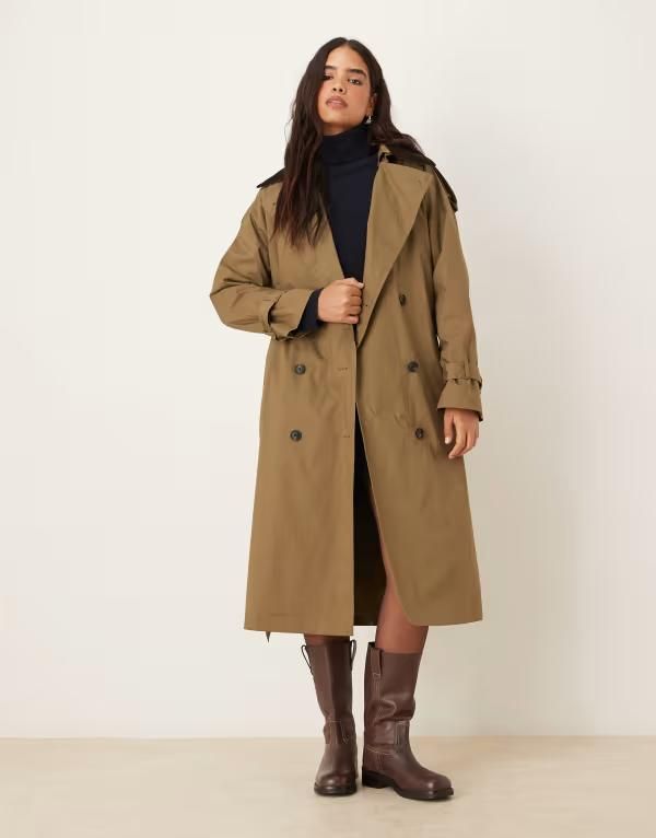 マンゴ レディース アウター コート コントラスト コットン Mango 100 cotton contrast collar trench coat in tan TAN タン