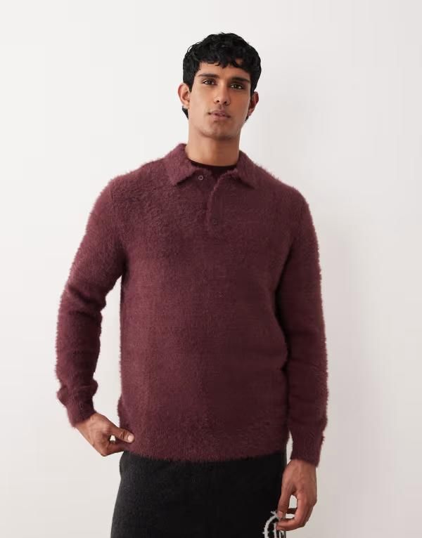 エイソス メンズ トップス ポロシャツ セーター ニット ASOS DESIGN knit fluffy polo sweater Burgundy バーガンディ