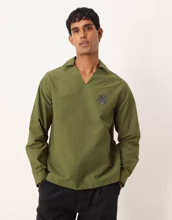 エイソス メンズ トップス シャツ ASOS DESIGN textured relaxed over the head shirt with chest embroidery GREEN グリーン