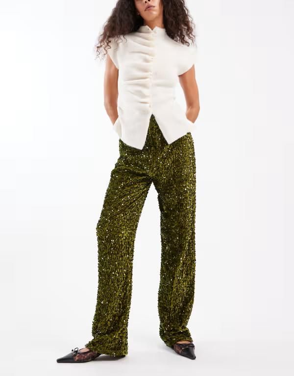 ピーシーズ レディース ボトムス カジュアルパンツ ワイドレッグ パンツ スパンコール Pieces wide leg velour sequin pants in olive Kalamata グリーン