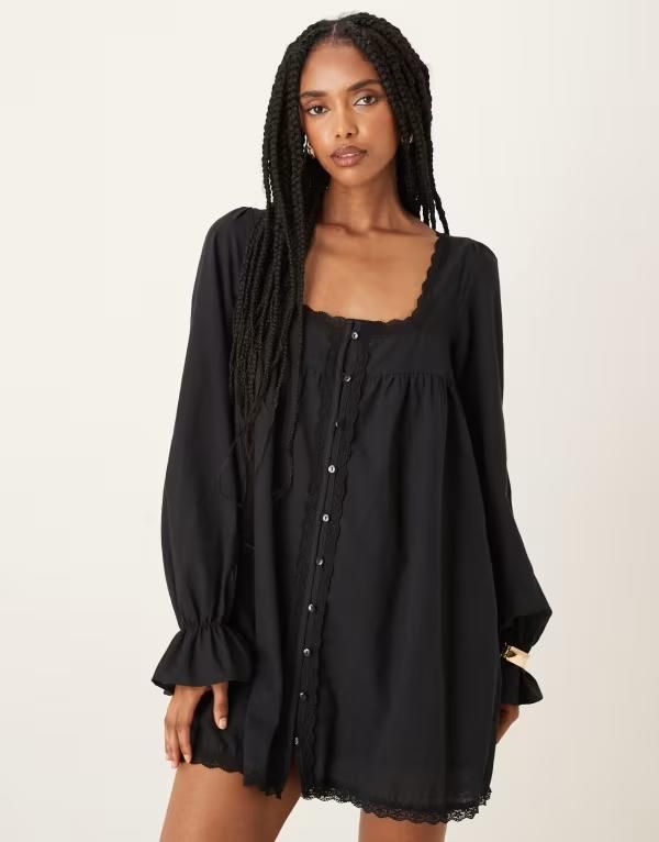 エイソス レディース トップス ワンピース レーストリム ミニワンピース ミニ コットン レース ASOS DESIGN cotton lace trim long sleeve babydoll mini dress Black ブラック