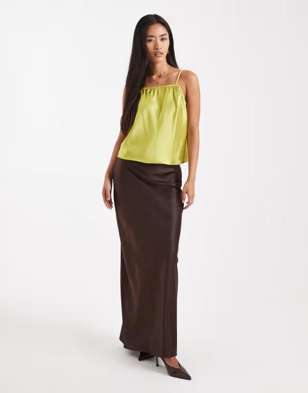 フォースレックレス レディース ボトムスカート サテン マキシ 4th Recklessatin column maxi skirt in chocolate チョコレート