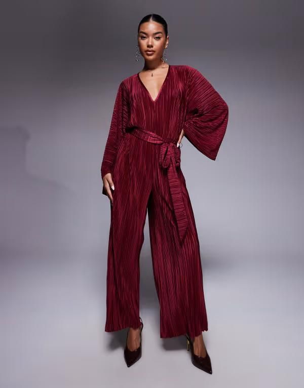 エイソス レディース トップス ジャンプスーツ ワイドレッグ ASOS DESIGN plisse V front tie back waist wide leg jumpsuit in wine Wine ワイン