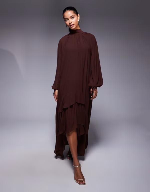 ティエフエヌシー レディース トップス ワンピース ハイネック フリル マキシ TFNC high neck long sleeve ruffle maxi dress in chocolate チョコレート
