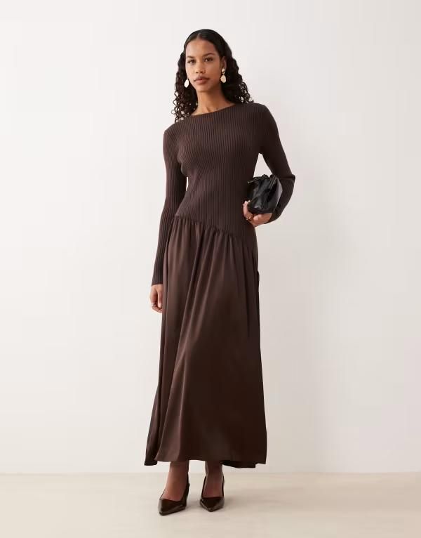エイソス レディース トップス ワンピース サテン マキシ ASOS DESIGN satin maxi dress with woven trim in chocolate チョコレート
