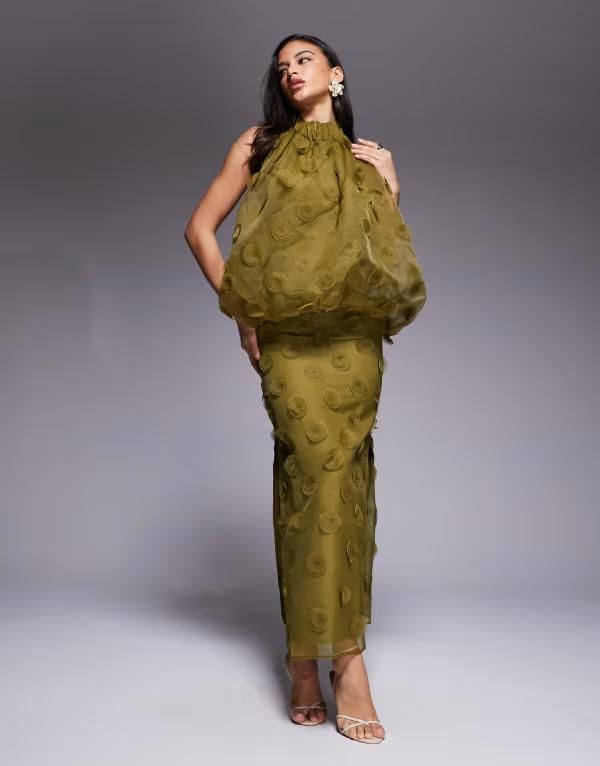 エイソス レディース トップス ワンピース ハイネック マキシ ホルター ASOS DESIGN high neck organza halter maxi dress in dark Green グリーン