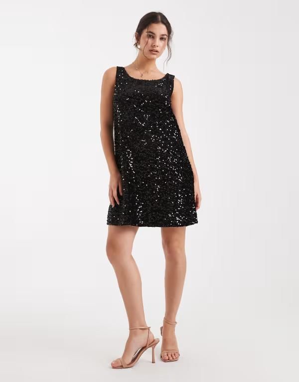 ピーシーズ レディース トップス ワンピース ミニ スパンコール Pieces reversible slash neck sequin mini shift dress Black ブラック