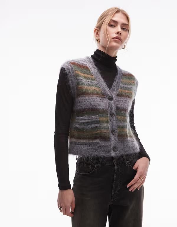 アンドアザーストーリーズ レディース アウター カーディガン ベスト ウール ニット Other Stories mohair and wool hairy knit vest in multi stripes Multi stripes マルチカラー
