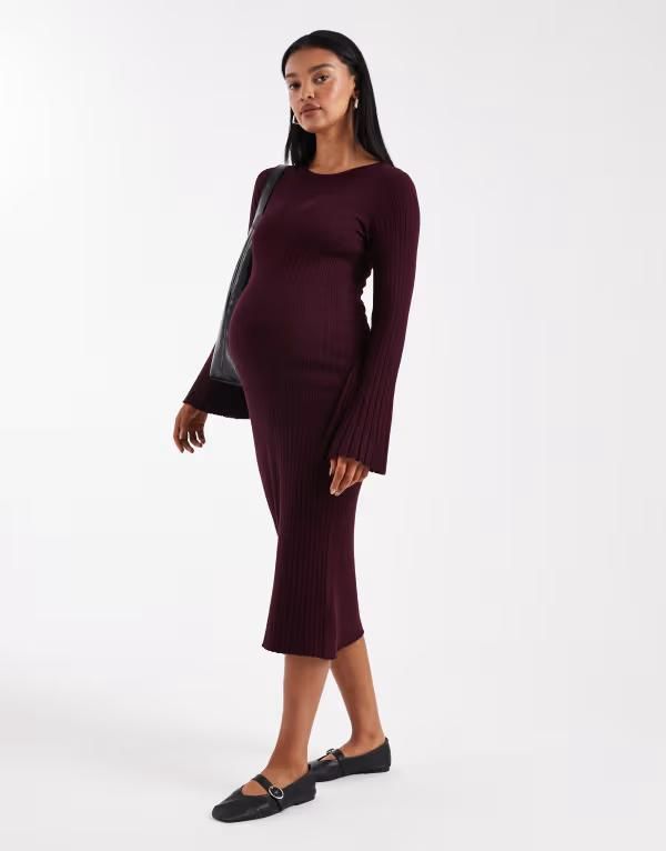 ママライシアス レディース トップス ワンピース リブニット ミディワンピース ミディ ニット マタニティ Mamalicious Mamalicious Maternity rib knit tie waist midi dress Winetasting