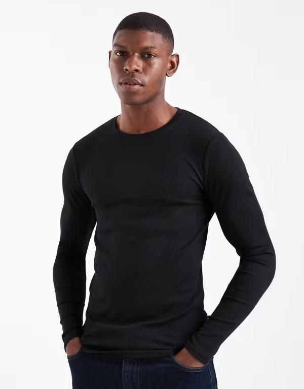 エイソス メンズ トップス Tシャツ リブニット ASOS DESIGN Essentials long sleeve muscle fitshirt rib knit Black ブラック
