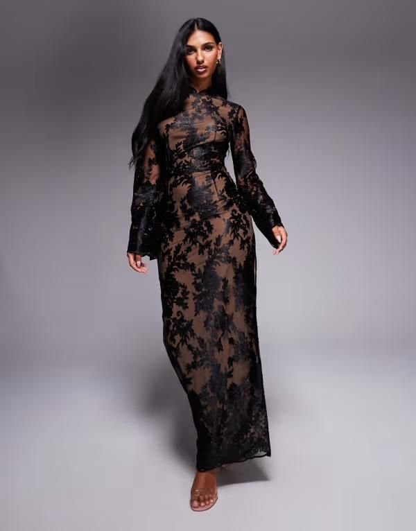 ティエフエヌシー レディース トップス ワンピース フラワー柄 レース マキシ フラワー TFNC long sleeve flared floralace maxi dress black ブラック