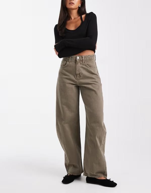 エイソス レディース ボトムス デニムパンツ ハイウエスト ジーンズ ASOS DESIGN high waist barrel leg jeans in light Light khaki カーキ
