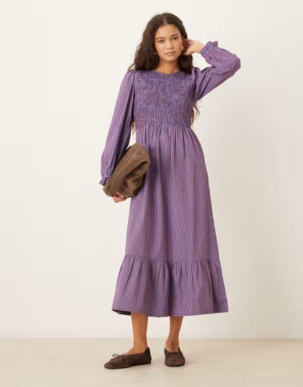 ネオンローズ レディース トップス ワンピース Neon Rose shirred detailed long sleeve midaxi dress in multi stripe Multi マルチカラー
