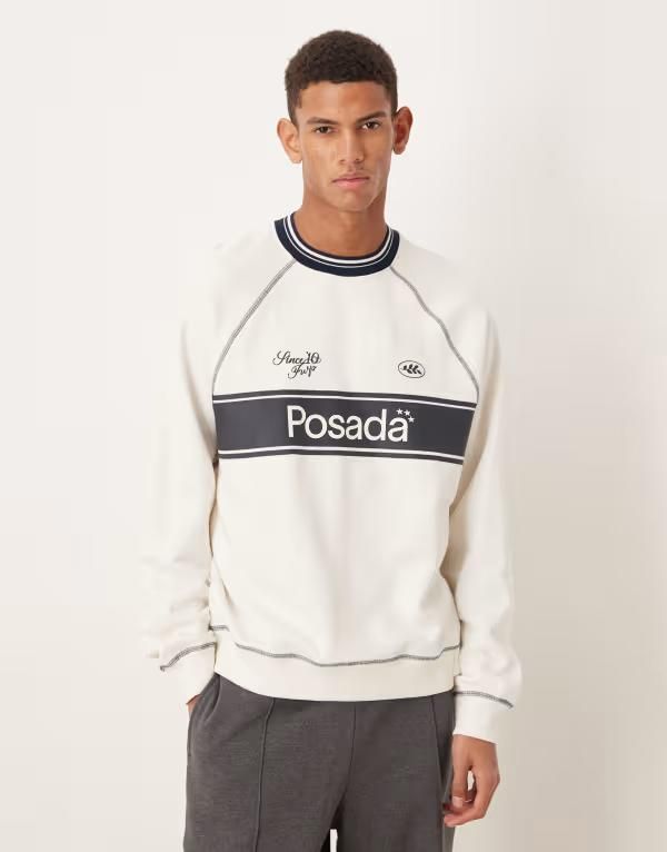 エイソス メンズ アウター パーカー・スウェット プリント スウェット シャツ コントラスト ASOS DESIGN sweatshirt with sporty stripes print and contrast stitching Tofu オフホワイト