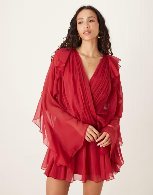 エイソス レディース トップス ワンピース ミニワンピース フリル ミニ ASOS DESIGN slouchy hip godet mini dress with ruffle sleeve in cherry Cherry Red レッド